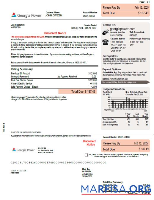 Realistic USA Georgia Power template in Word and PDF formats, version 2